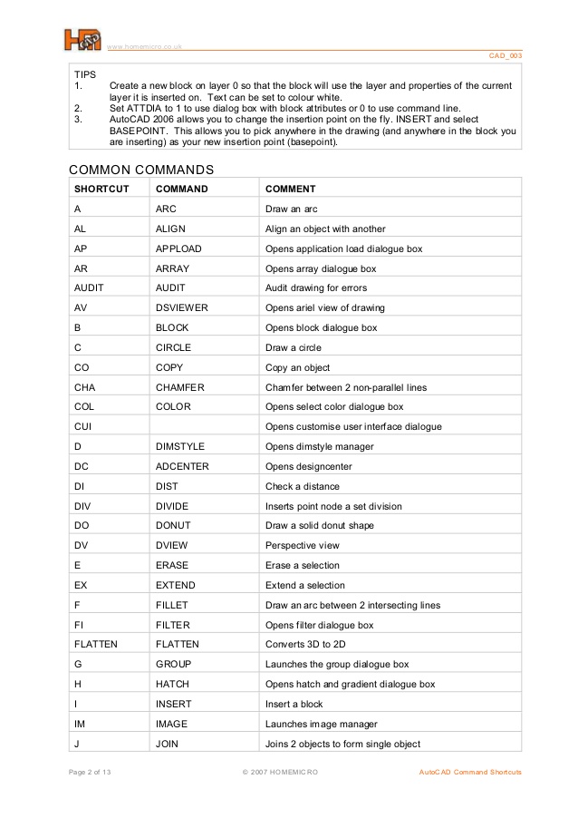 autocad list of commands